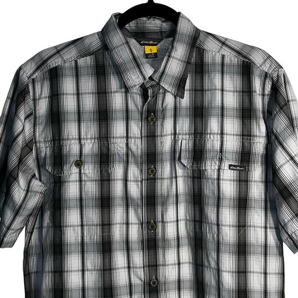 Eddie Bauer Travex Men’s S Black Gray Plaid Short Sleeve Button Up Performance - Picture 2 of 7
